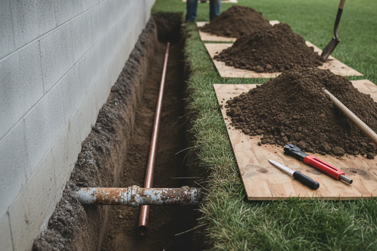 Excavated water line trench during Water Softener Installation in Westhampton Beach